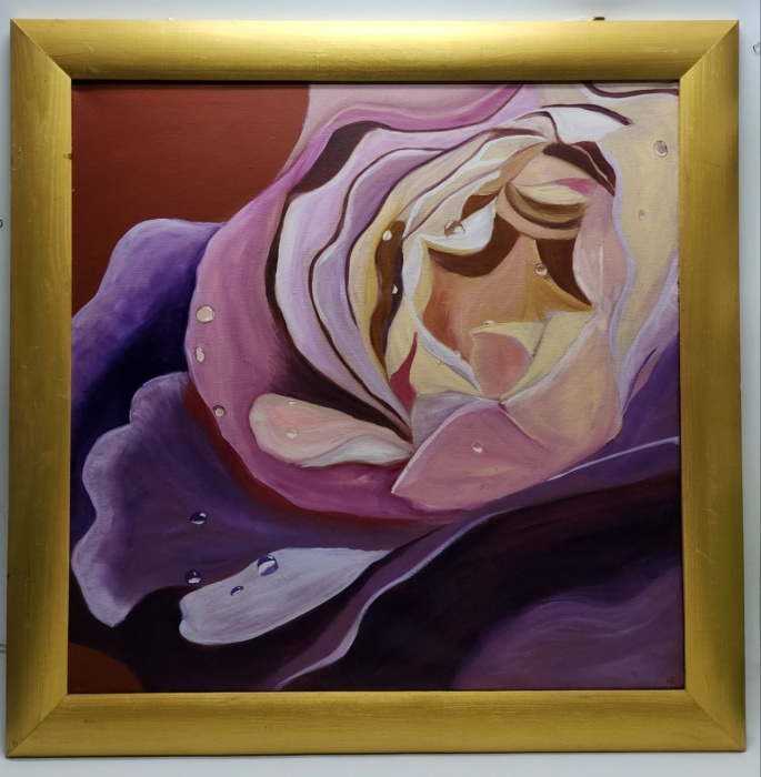 Картина цветок Роза (масло) в золотой квадратной раме