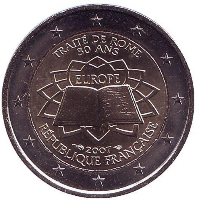 (001) Монета Франция 2007 год 2 евро &quot;Римский договор 50 лет&quot;  Биметалл  XF
