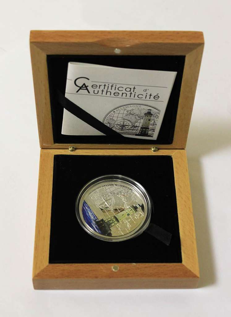 Монета Бенин 2012 год 1000 франков &quot;Маяк Линдау&quot; в футляре, PROOF, цветная (серебро 925)