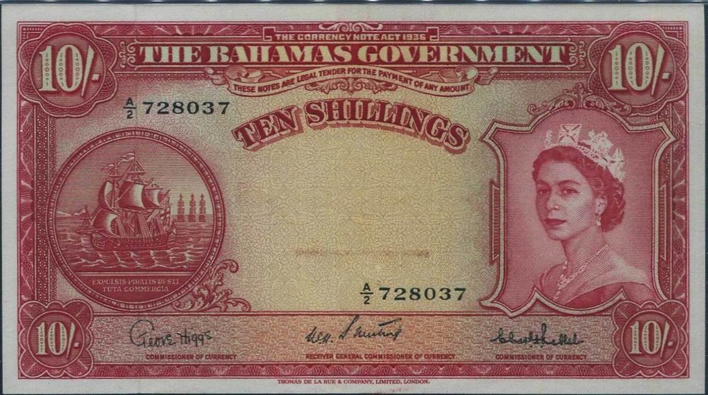 (№1953P-14c) Банкнота Багамские острова 1953 год &quot;10 Shillings&quot;