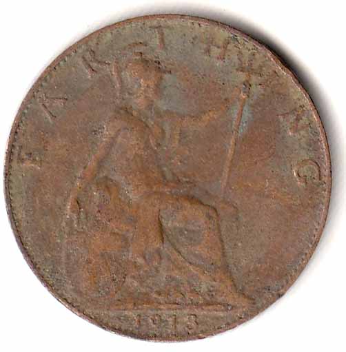 (1913) Монета Великобритания 1913 год 1 фартинг &quot;Георг V&quot;  Бронза  VF