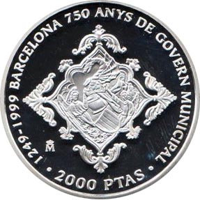 (1999) Монета Испания 1999 год 2000 песет &quot;750 лет Правительству Барселоны&quot;  Серебро Ag 925  PROOF