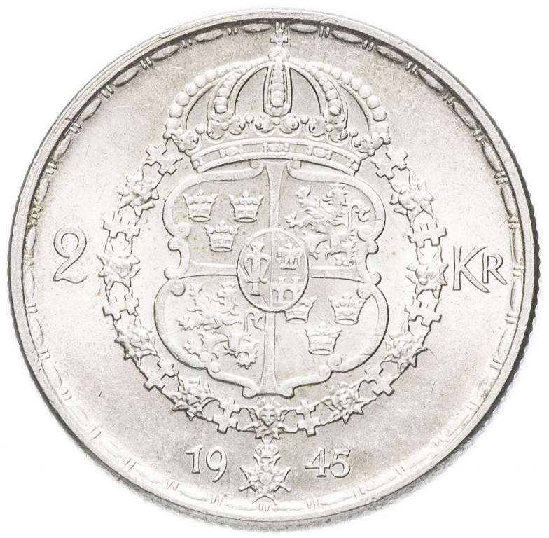 (1945g) Монета Швеция 1945 год 2 кроны &quot;Густав V&quot;  Серебро Ag 400  UNC