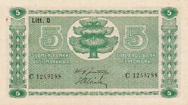 (1939 Litt D) Банкнота Финляндия 1939 год 5 марок  Jutila - Alsiala  UNC