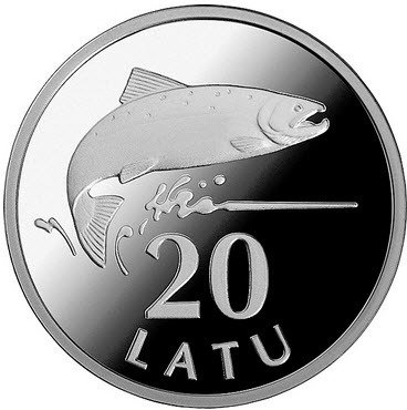 (2013) Монета Латвия 2013 год 20 лат &quot;Лосось&quot;  Серебро Ag 925  PROOF