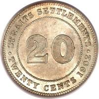 (№1902km22) Монета Стрейтс Сетлментс 1902 год 20 Cents (800/1000 серебро)