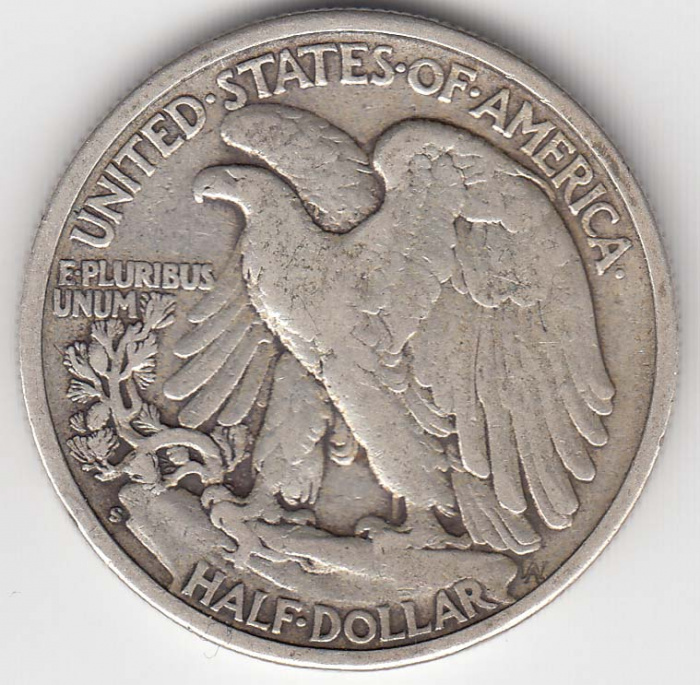 (1945s) Монета США 1945 год 50 центов   Шагающая Свобода. Орлан на скале Серебро Ag 900  VF