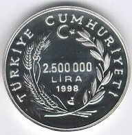 () Монета Турция 1998 год 25000000  ""   Биметалл (Серебро - Ниобиум)  UNC