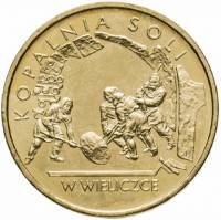040 Монета Польша 2001 год 2 злотых Соляная шахта в Величке  Латунь  UNC
