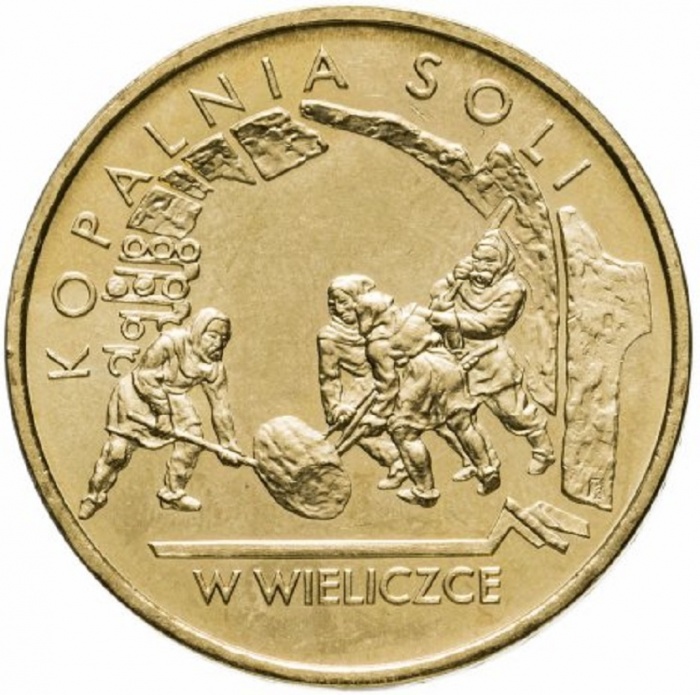 040 Монета Польша 2001 год 2 злотых Соляная шахта в Величке  Латунь  UNC