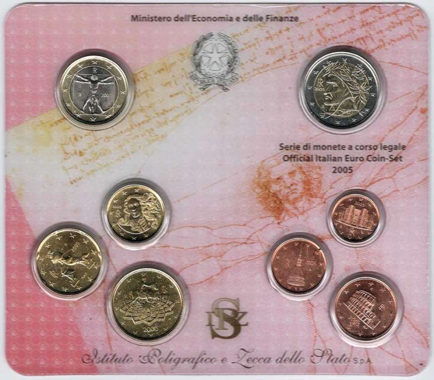(2005, 8 монет) Набор монет Италия 2005 год &quot;Витрувианский человек&quot;   Буклет