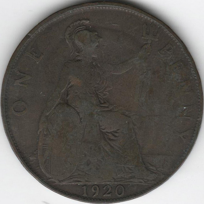 (1920) Монета Великобритания 1920 год 1 пенни &quot;Георг V&quot;  Бронза  VF