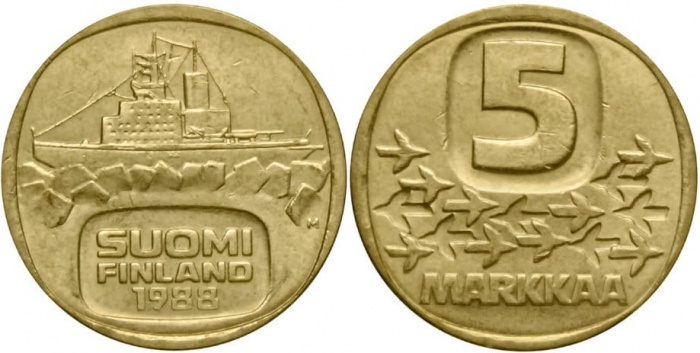 (1988) Монета Финляндия 1988 год 5 марок &quot;Ледокол Урхо&quot; Латунь  XF