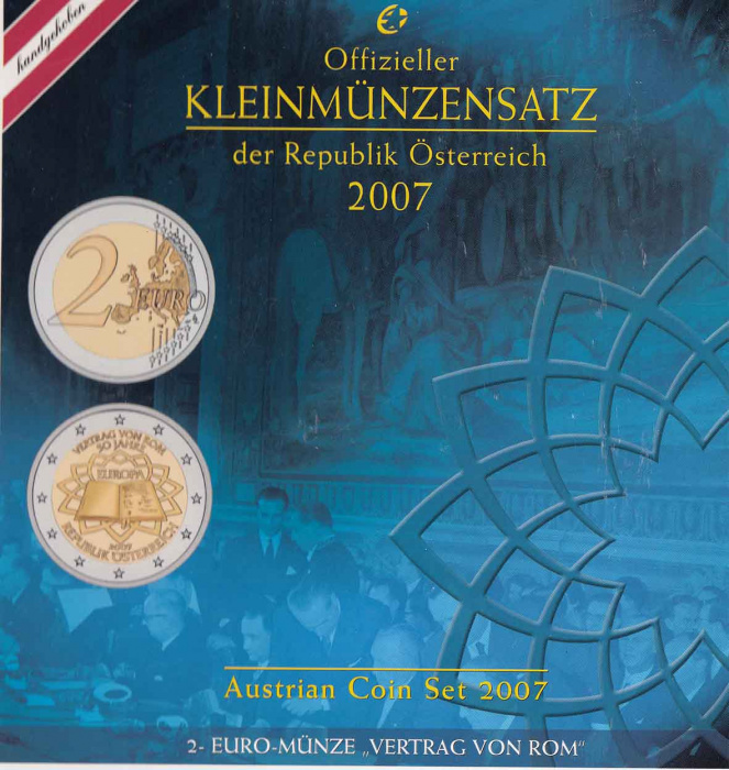 (2007, 8 монет) Набор монет Австрия 2007 год &quot;Римский договор. 50 лет&quot;   Буклет
