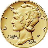 (2016w) Монета США 2016 год 10 центов   Золотой ''Меркурий''  AU