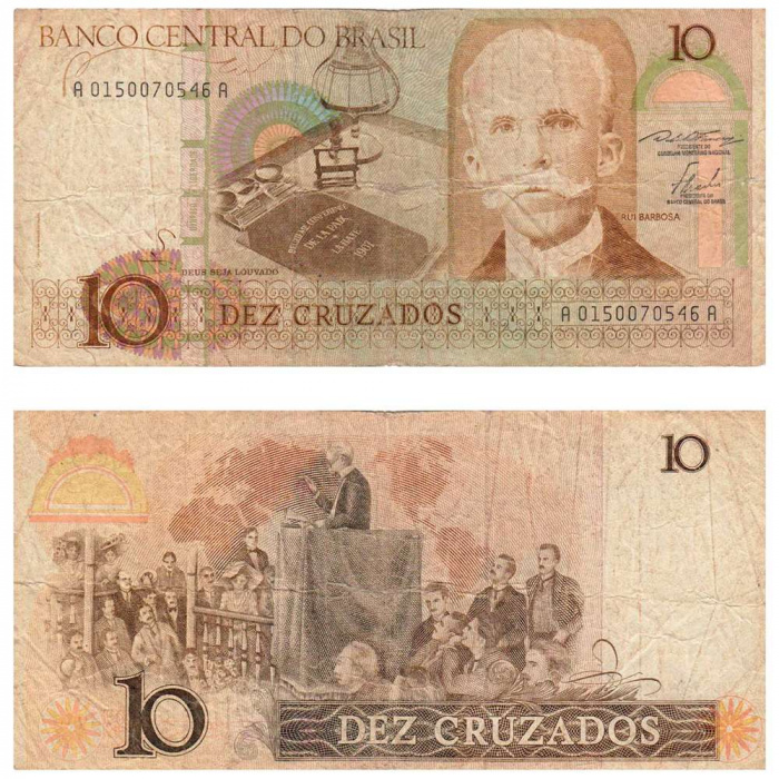 (1986-1987) Банкнота Бразилия 1986-1987 год 10 крузадо &quot;Руи Барбоса&quot;   VF