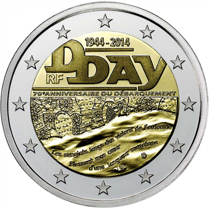(010) Монета Франция 2014 год 2 евро &quot;Высадка в Нормандии 70 лет&quot;  Биметалл  UNC