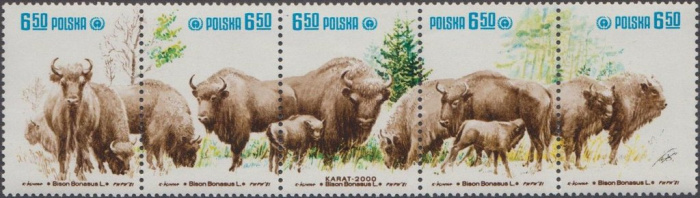 (1981-044) Сцепка марок (5 м) Польша &quot;Зубры&quot;    Охрана природы. Зубры III O