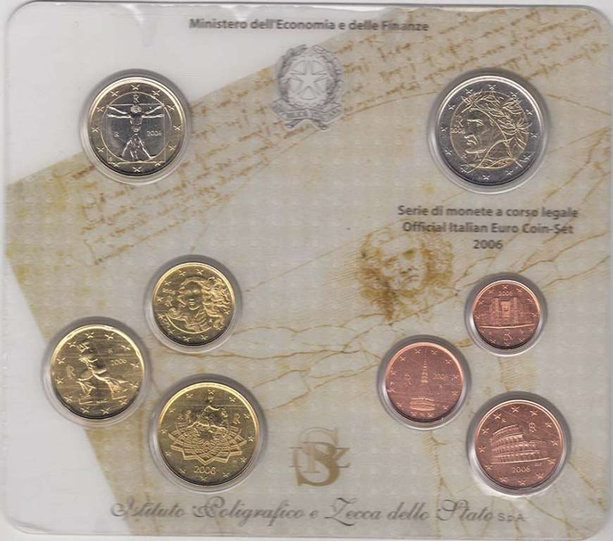 (2006, 8 монет) Набор монет Италия 2006 год &quot;Витрувианский человек&quot;   Буклет
