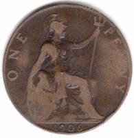 (1906) Монета Великобритания 1906 год 1 пенни "Эдуард VII"  Бронза  VF