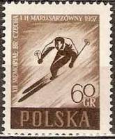 (1957-009) Марка Польша "Горнолыжный спорт (Темно-коричневая)" , III O