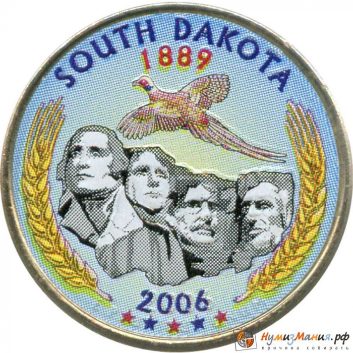 (040p) Монета США 2006 год 25 центов &quot;Южная Дакота&quot;  Вариант №1 Медь-Никель  COLOR. Цветная