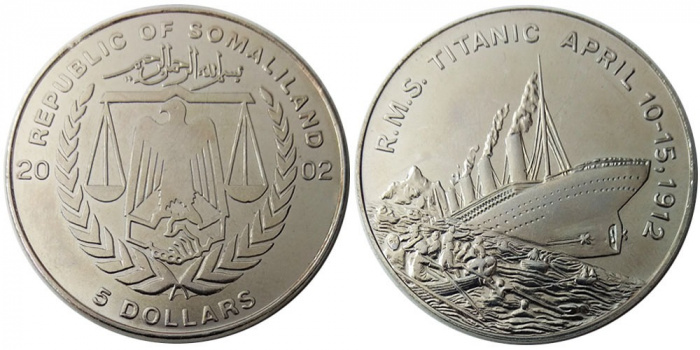 (2002) Монета Сомалиленд 2002 год 5 долларов &quot;Титаник&quot;  Медь-Никель  UNC