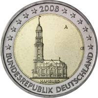 (004) Монета Германия (ФРГ) 2008 год 2 евро "Гамбург" Двор A Биметалл  VF