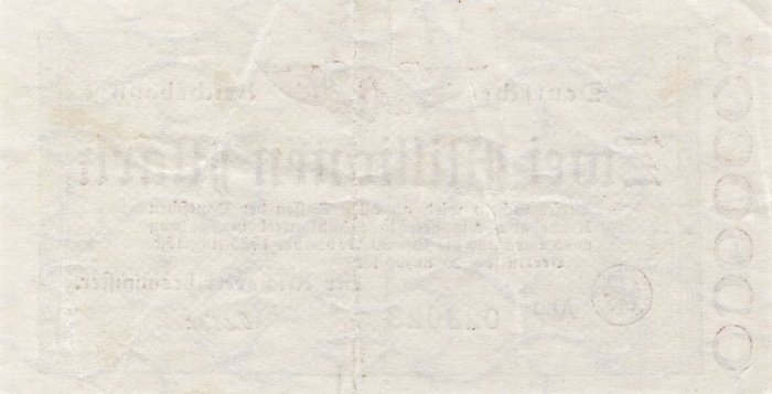 (1923) Банкнота Германия (Берлин) 1923 год 2 000 000 марок &quot;Вод знак Пешки&quot; Железные дороги  UNC