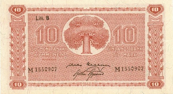 (1945 Litt B) Банкнота Финляндия 1945 год 10 марок    UNC