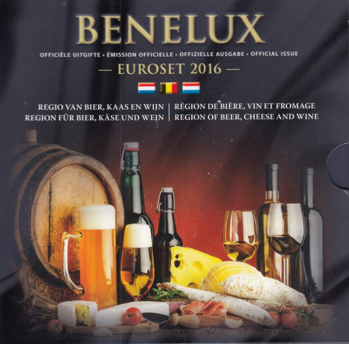 (2016, 24 монеты + жетон) Набор монет Бенилюкс 2016 год &quot;Край пива, сыра и вина&quot;  Буклет