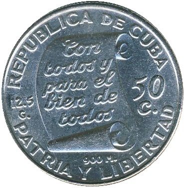 (1953) Монета Куба 1953 год 50 центаво &quot;Хосе Марти. 100 лет со дня рождения&quot;  Серебро Ag 900  XF