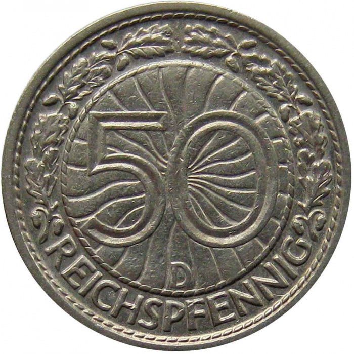 (1928d) Монета Германия (Веймар) 1928 год 50 пфеннингов   Никель  XF