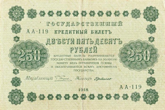 Милло Г.Л. Банкнота РСФСР 1918 год 250 рублей  Пятаков Г.Л. Обычные Вод. Знаки UNC