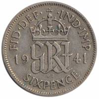 (1941) Монета Великобритания 1941 год 6 пенсов "Георг VI"  Серебро Ag 500  XF