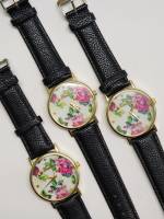 Часы наручные женские 3 шт Geneva Platinum (цвет металла золотой, рисунок цветы, ремешок черный)