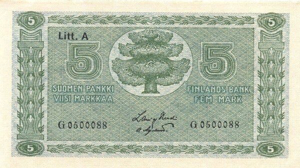 (1922 Litt A) Банкнота Финляндия 1922 год 5 марок    UNC