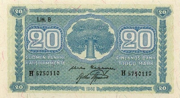 (1945 Litt B) Банкнота Финляндия 1945 год 20 марок  Kekkonen - Aspelund  UNC