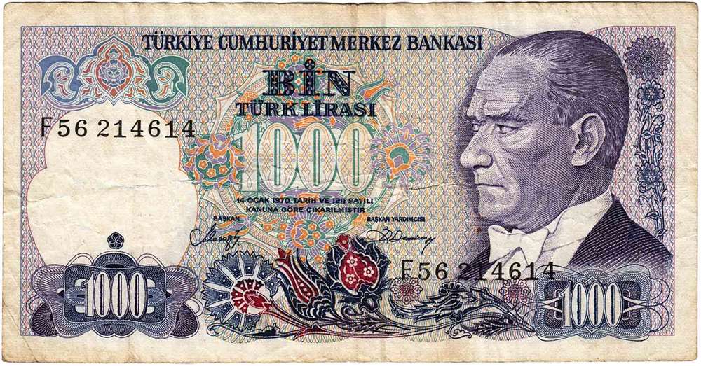 (,) Банкнота Турция 1986 год 1 000 лир &quot;Мустафа Кемаль Ататюрк&quot;   VF