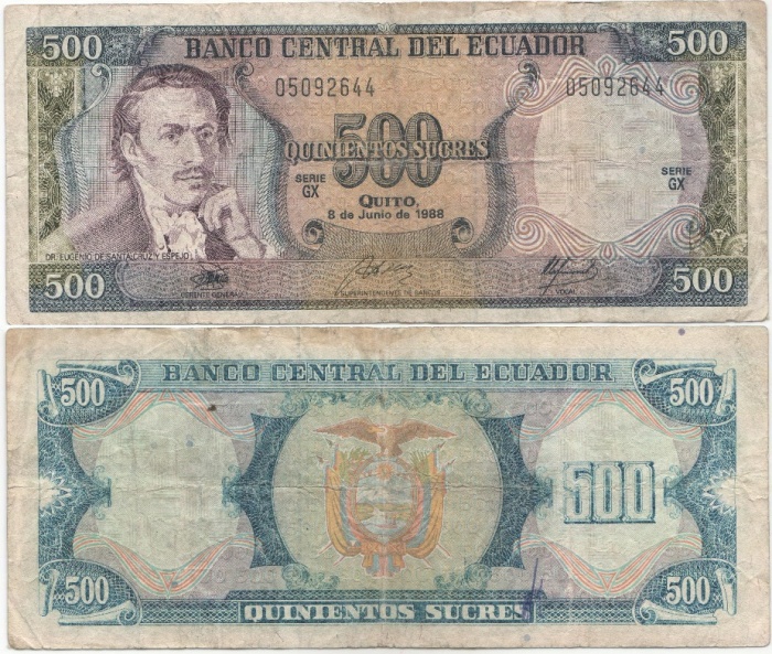 Банкнота Эквадор 1988 год 500 сукре Эухенио Эспехо   VF