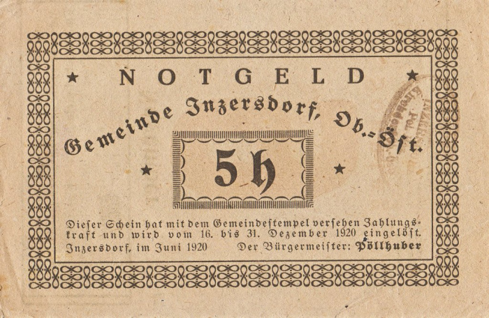 (№1920) Банкнота Австрия 1920 год &quot;5 Heller&quot;