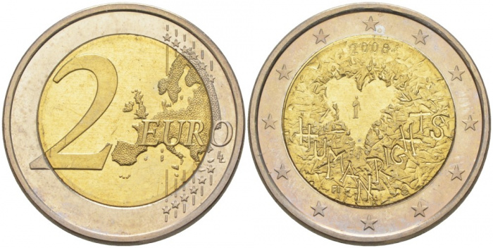 (006) Монета Финляндия 2008 год 2 евро &quot;Декларация прав человека 60 лет&quot;  Биметалл  UNC