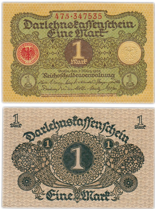 (1920) Ссудный чек Германия 1920 год 1 марка    XF