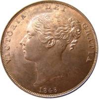 (1848) Монета Великобритания 1849 год 1 пенни "Королева Виктория"  Бронза  VF