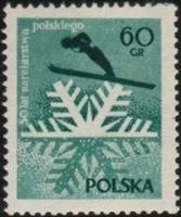 (1957-002) Марка Польша "Лыжник (Зеленая)"   50 лет лыжному спорту в Польше II O