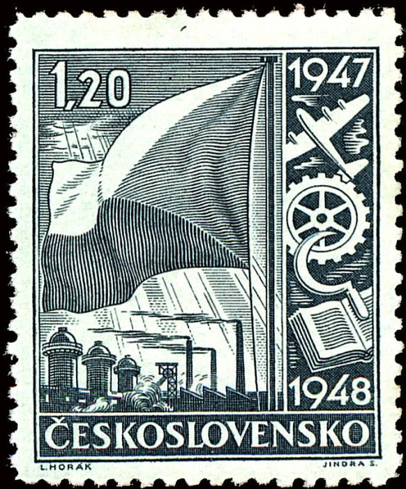 (1947-004) Марка Чехословакия &quot;Флаг ЧССР (Зеленая)&quot;    Восстановление промышленности (Стандартный вы