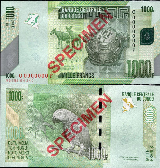 (2013 Образец) Банкнота Дем Республика Конго 2013 год 1 000 франков &quot;Попугай&quot;   UNC