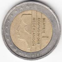 Монета Нидерланды (Тип №1 1999-2013 годы) 2 Евро 2000 год "Портрет королевы Беатрикс в профиль. Знак