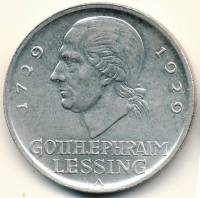 (1929a) Монета Германия (Веймар) 1929 год 3 марки   200 лет с дня рождения Лессинга Серебро Ag 500  