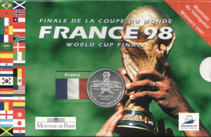 (1998) Монета Франция 1998 год 5 франков &quot;ЧМ по Футболу Франция 1998&quot;  Серебро Ag 900  Буклет